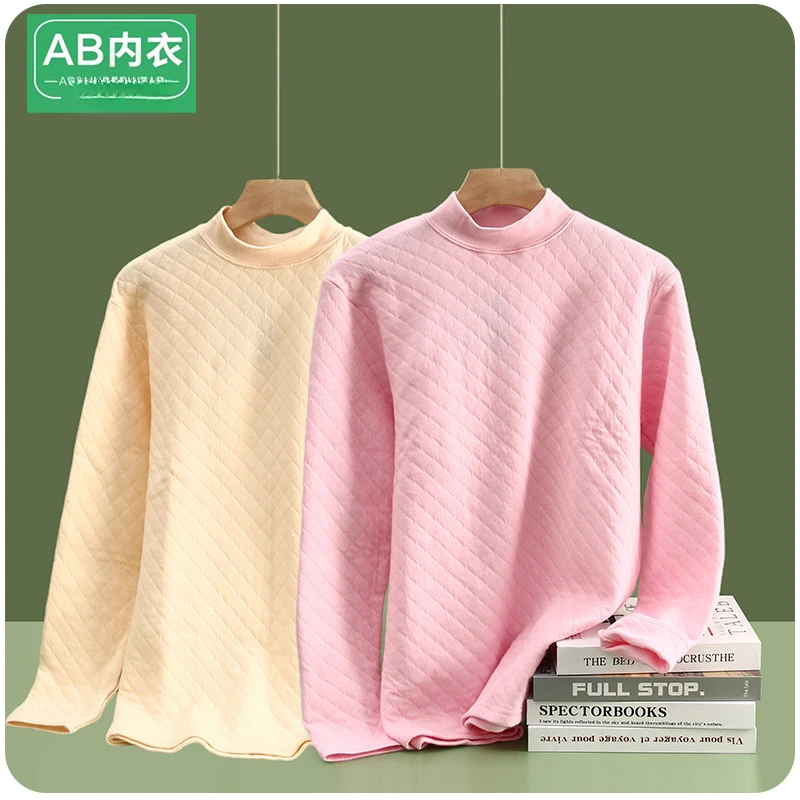 ab内衣加厚女纯棉夹棉三层保暖秋衣老年人半高领单件夹棉圆领上衣