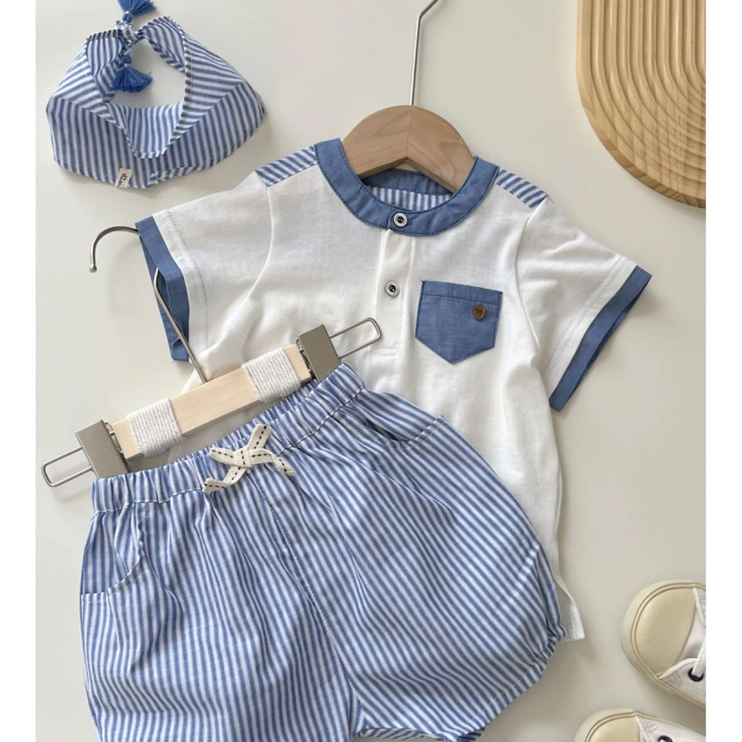 LOQT47绅士圆领拼接带三角巾三件套