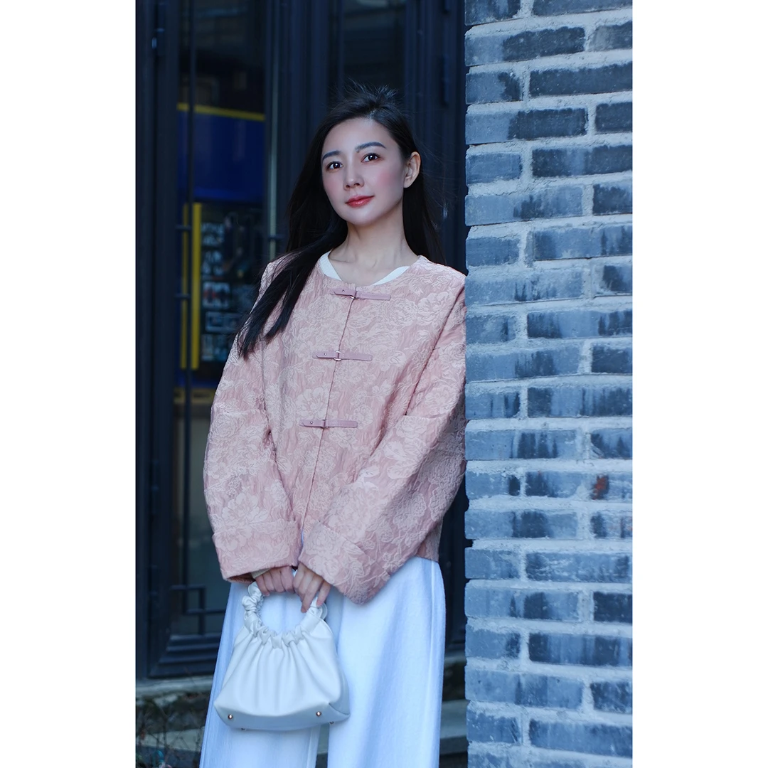新中式提花长袖上衣女2024秋季新款国风宽松圆领盘扣外套