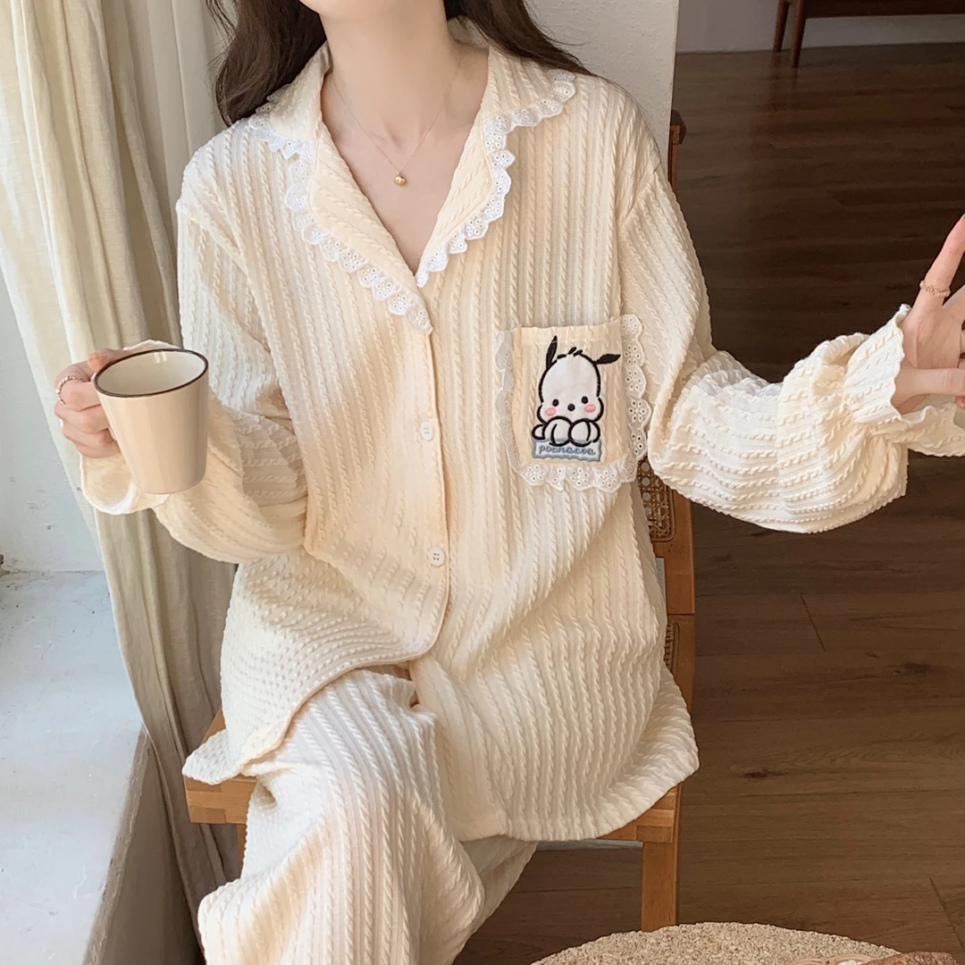 睡衣女2023新款春秋季薄款长袖开衫翻领套装大码宽松女士家居服