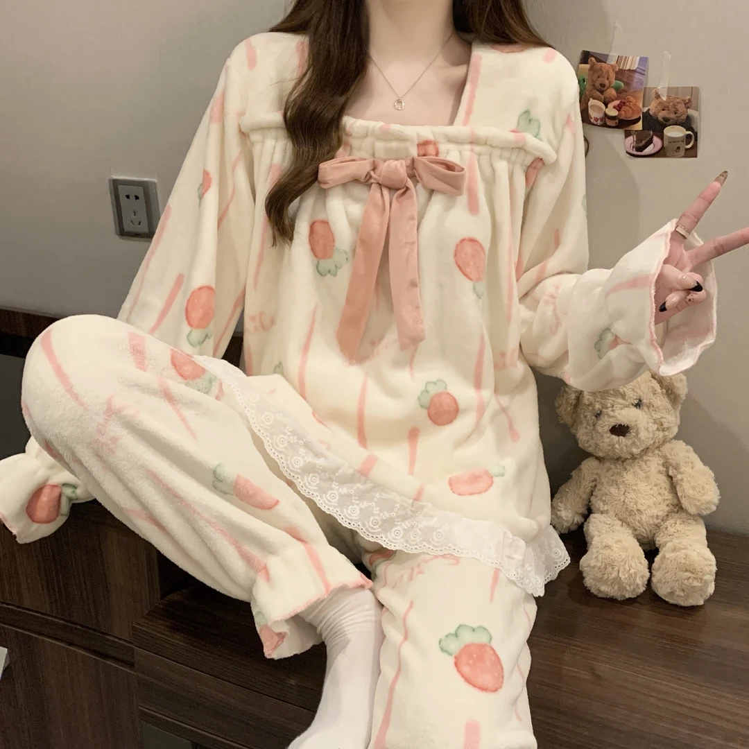 公主风睡衣女款秋冬季珊瑚绒加厚加绒法兰绒可爱蝴蝶结家居服套装