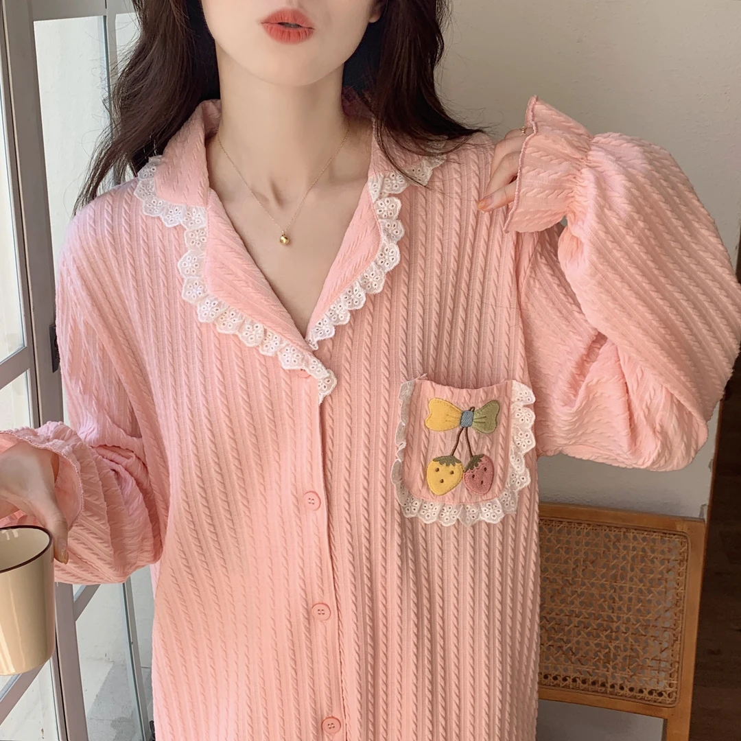 睡衣女春秋季开衫花边翻领薄款大码宽松秋季女士长袖家居服套装