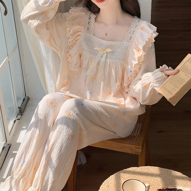 睡衣秋季女款2023新款甜美可外穿花边公主风大码宽松休闲长袖套装