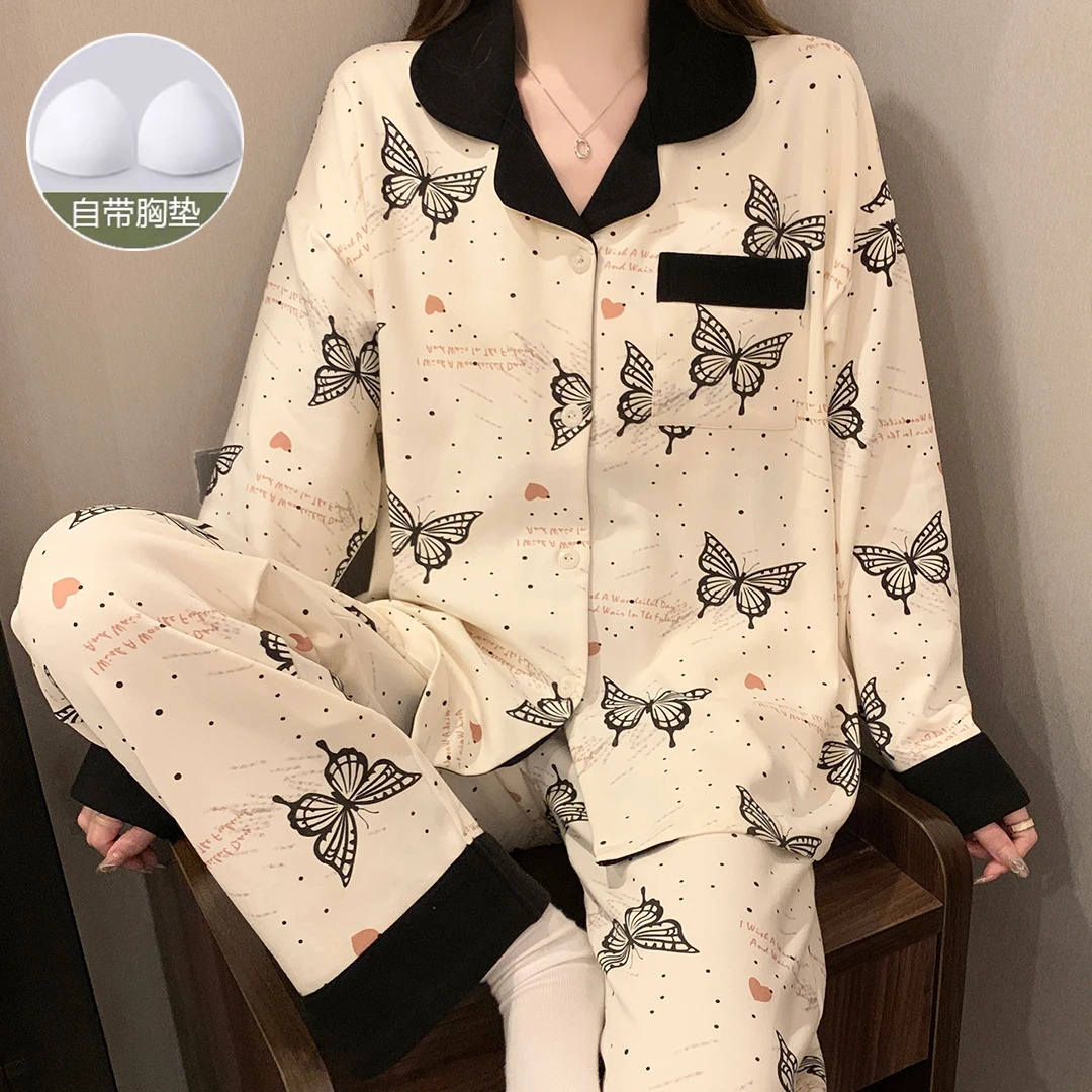 睡衣女士带胸垫春秋季新款长袖长裤网红甜美简约可外穿春夏套装
