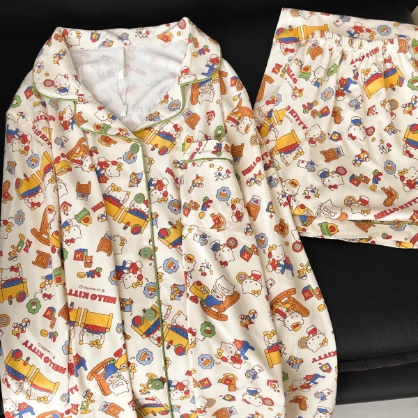 韩版卡通满印凯蒂猫春秋家居服薄款宽松长袖长裤宽松睡衣女夏季天