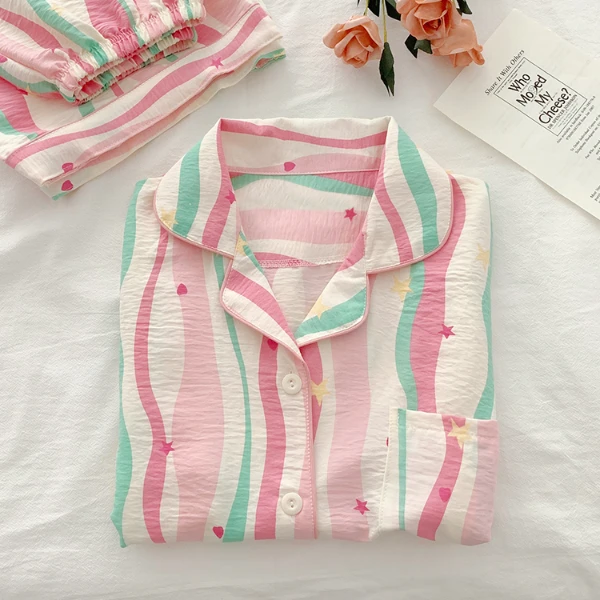 多巴胺条纹睡衣女款夏季天短袖短裤薄款网红风韩版家居服套装宽松