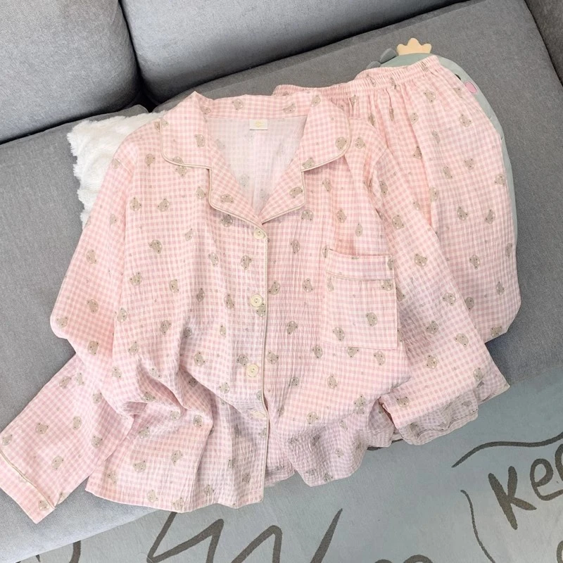 秋款可爱小熊睡衣女两件套装春秋季长袖可外穿撞色格纹休闲家居服