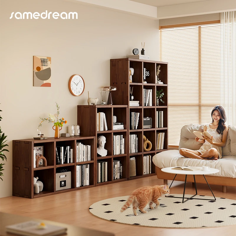 书架落地置物架客厅一体收纳实木靠墙组合格子柜矮家用幼儿园书柜