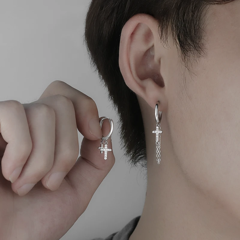 流苏十字耳环男耳钉新款潮流嘻哈个性男款小众设计感女高级感耳饰