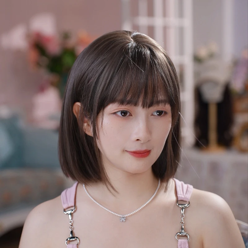 【青春女高】挑染粉一刀切波波头短发假发初恋感蓬松时尚小脸全头套