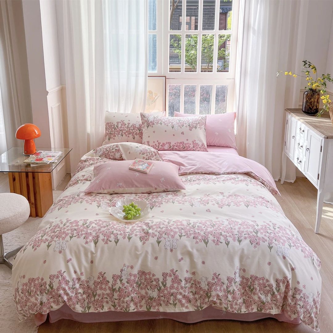 轻素家纺-全棉碎花被套床单四件套宿舍三件套床上用品 花园兔兔sn