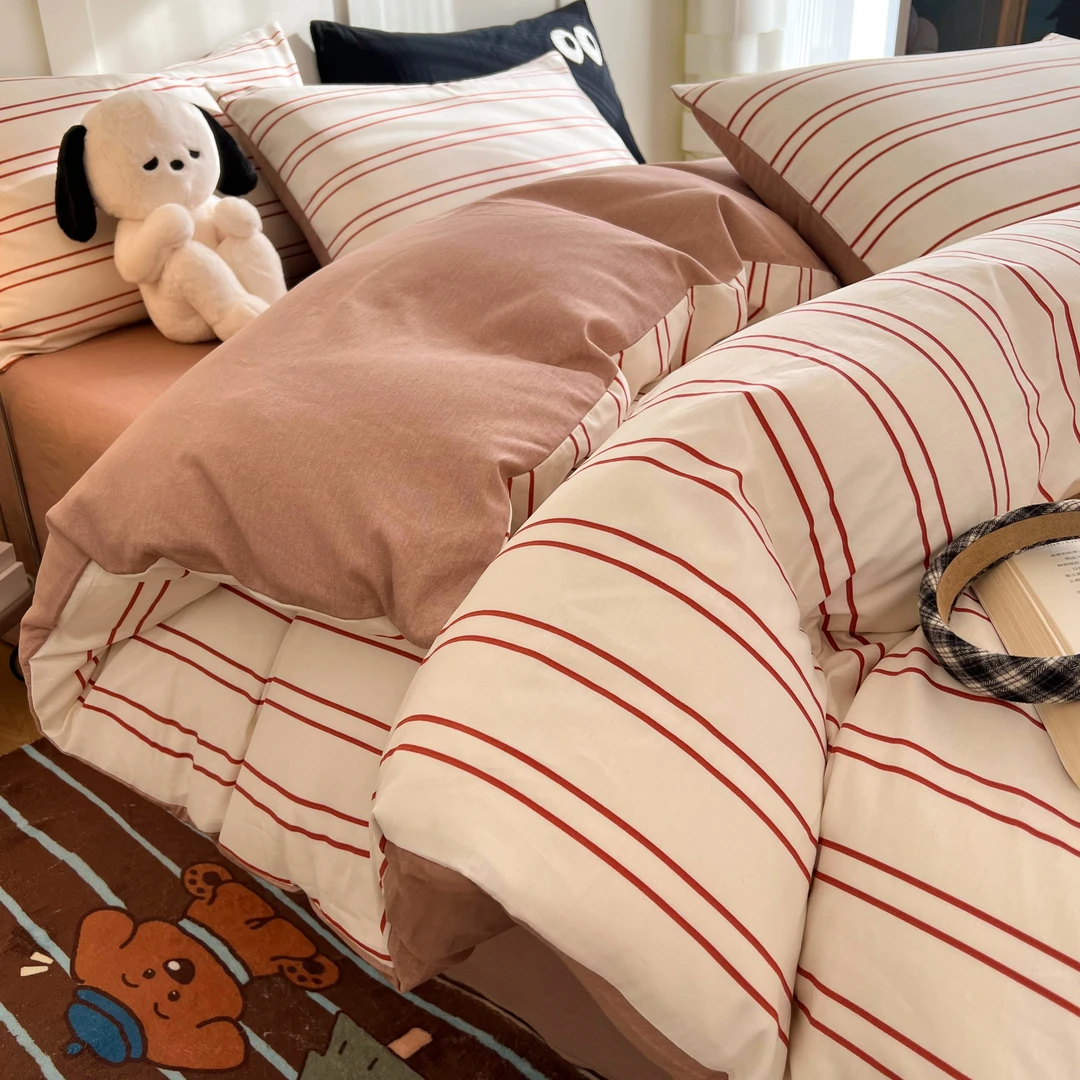 轻素家居-全棉卡通被套床单四件套宿舍三件套床上用品 条纹豆沙yc
