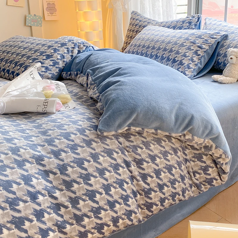 轻素家居-秋冬蓝色千鸟格牛奶绒四件套 加厚保暖三件套 格调-蓝ll