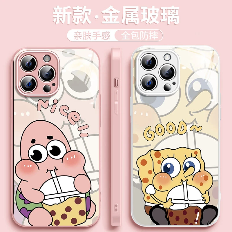 【适用苹果/华为/荣耀/OPPO/vivo海绵宝宝派大星玻璃全包手机壳】