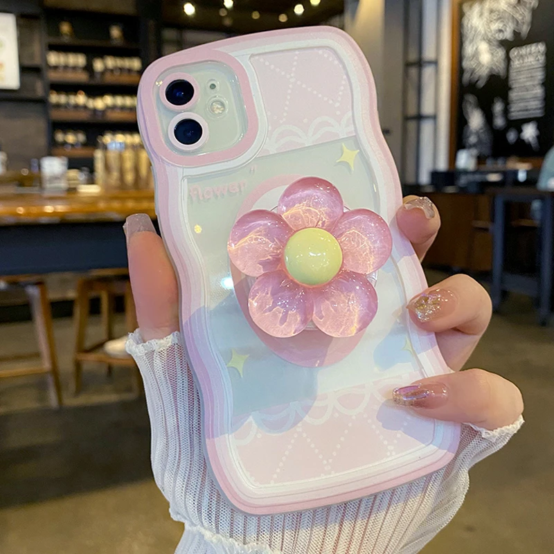 适用于苹果14手机壳iPhone13新款12波浪ProMax防摔清新支架粉花女
