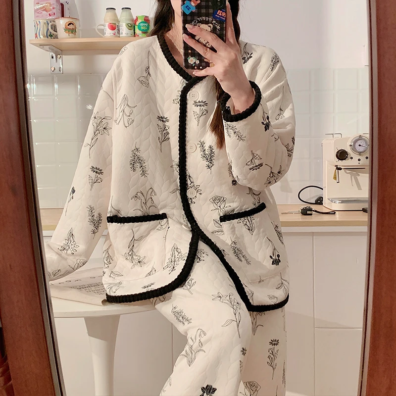 【带胸垫】秋冬季月子服空气棉孕妇产后哺乳期睡衣大码待产喂奶套装