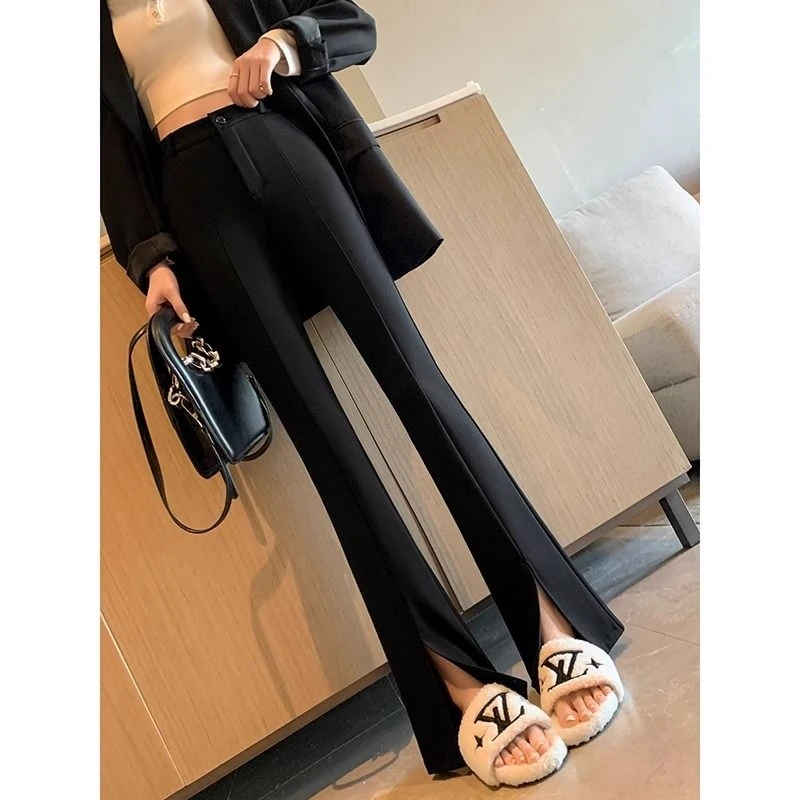 喇叭裤女春夏季2025新款高腰显瘦黑色西装前开叉微喇裤小个子薄款