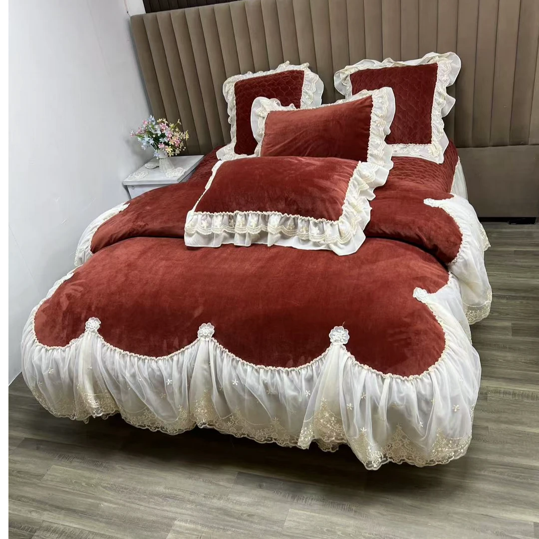 冬款婴儿绒四件套法式公主风床盖款保暖防寒毛绒被套床盖枕套四件