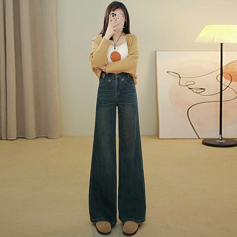高腰阔腿裤牛仔裤女2025春季新款设计感宽松直筒显瘦时尚潮7788
