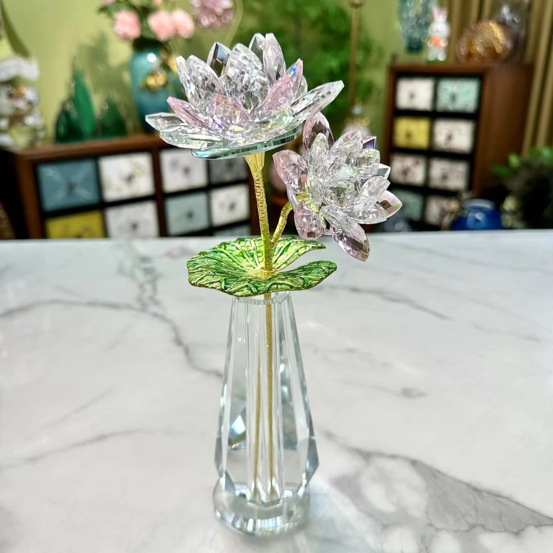 【摩登良品】创意水晶双头粉色莲花现代轻奢玄关酒柜餐桌精致摆件