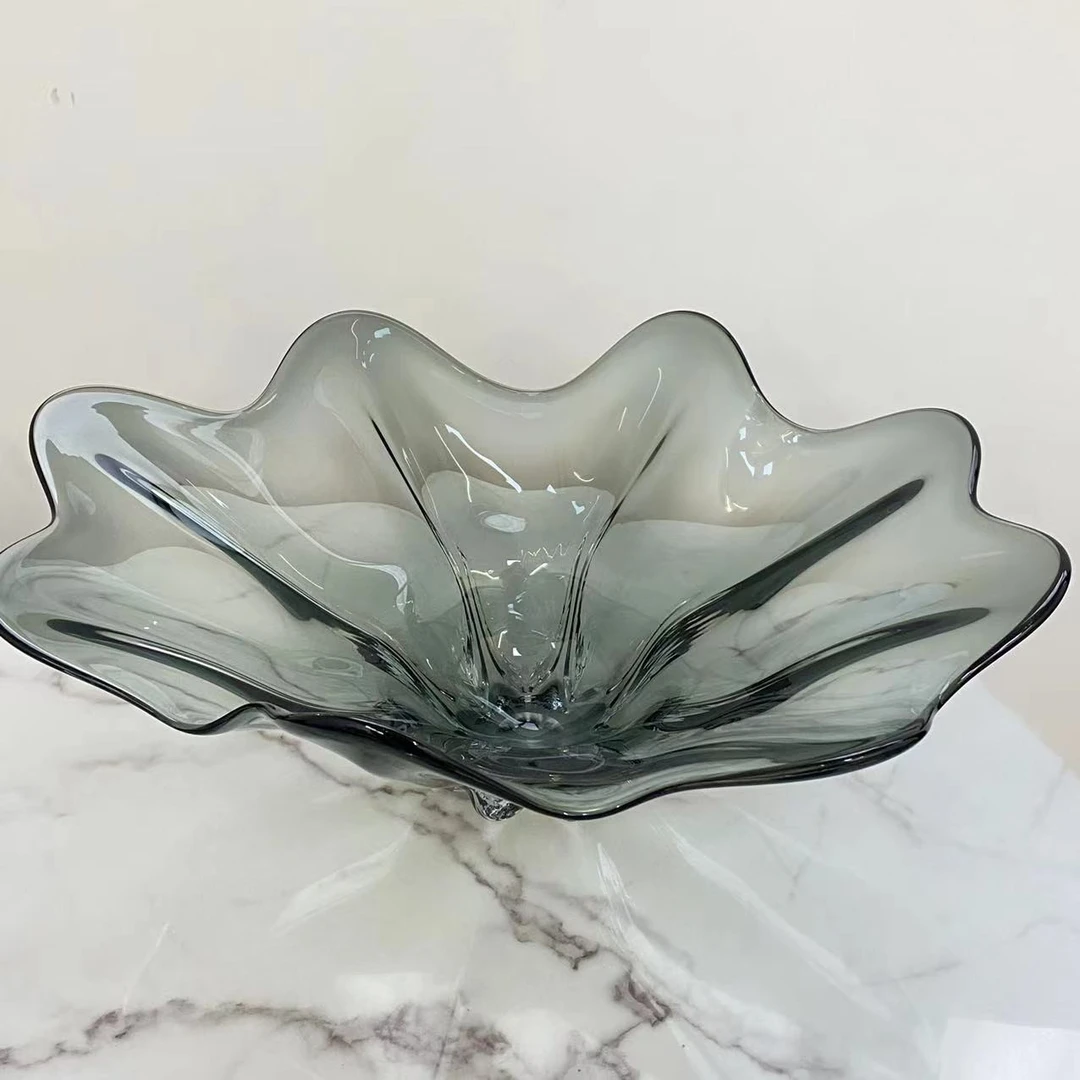 【摩登良品】手工琉璃水莲叶墨色果盘现代简约轻奢茶几餐桌软装装饰