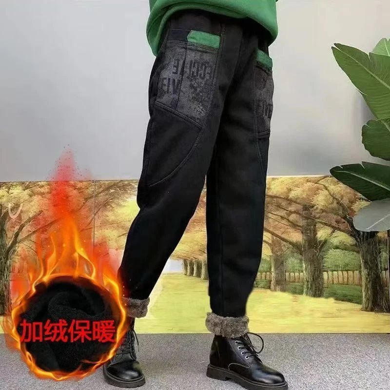 加绒加厚口袋牛仔裤冬季新款女装松紧高腰哈伦个性宽松ins潮女裤