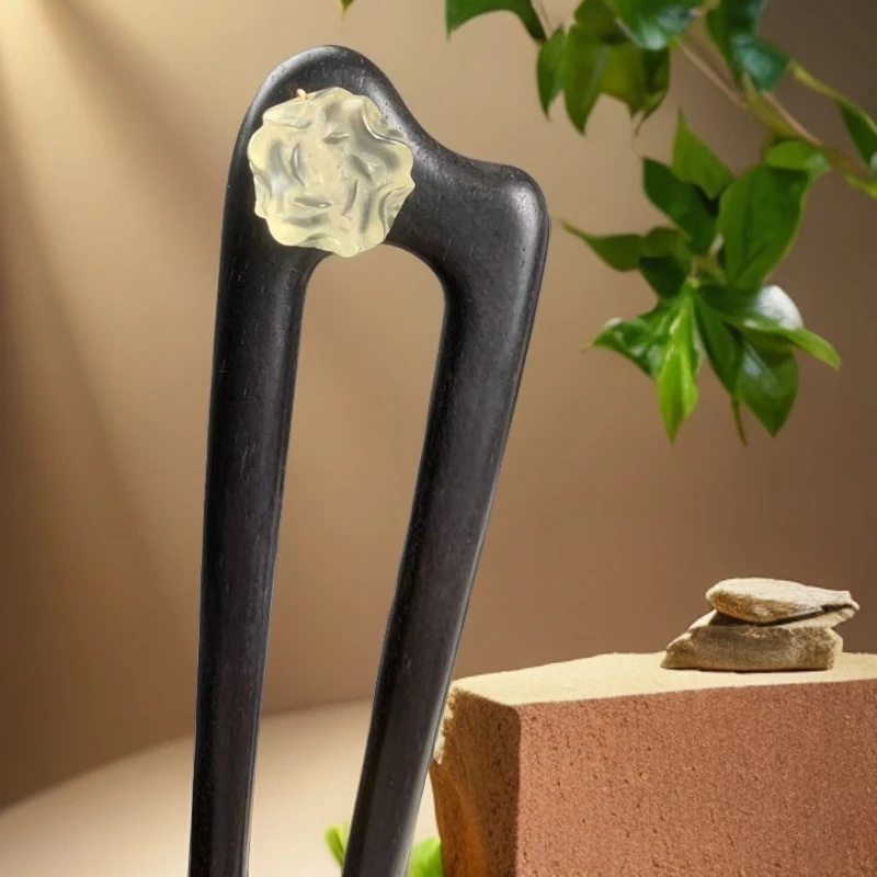 黑檀木u型双簪子女高级感发钗子复古风简约款发簪日常挽发头饰品