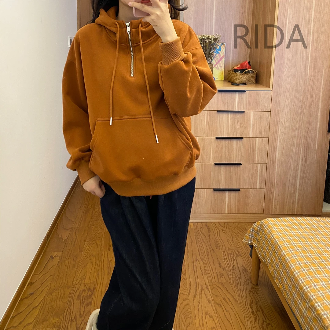 日褡半拉链加绒卫衣K14百搭小众宽松复古秋冬纯色7233清