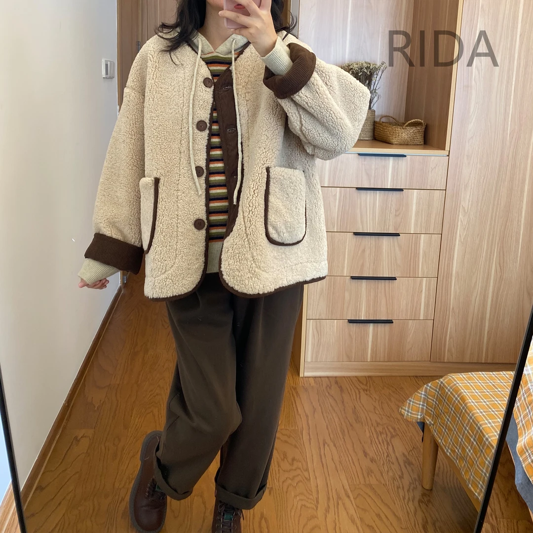 日褡拼灯芯绒毛毛外套J6休闲百搭小众宽松纯色秋冬ZW1065清