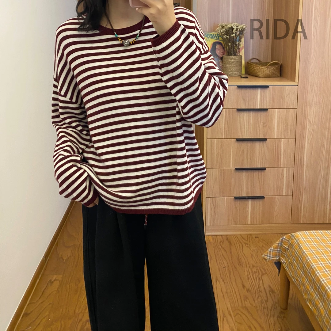 日褡条纹套头衫I11休闲百搭小众复古时尚8965清