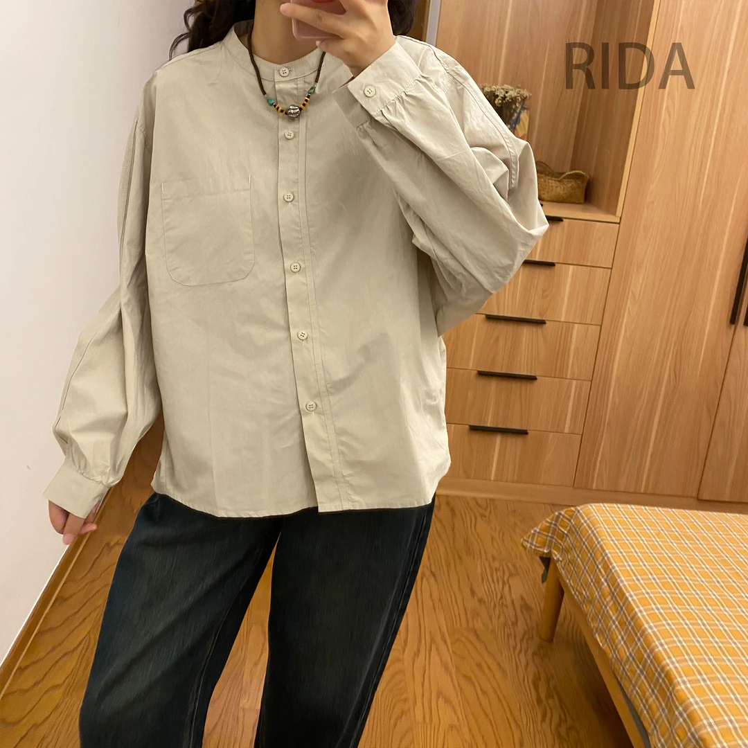 日褡圆领衬衫I15休闲纯色复古简约百搭54320清