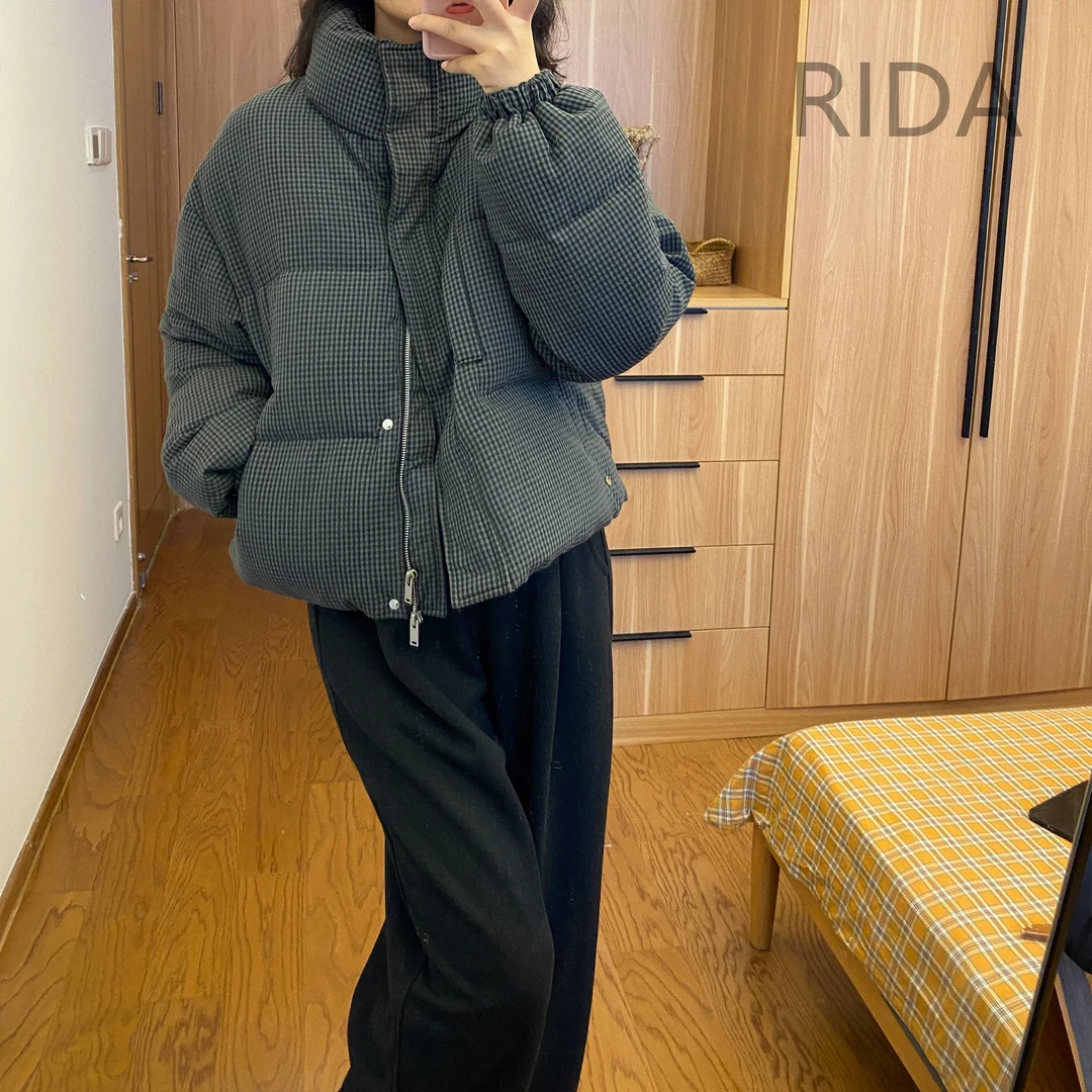 日褡格子羽绒服J6时尚休闲百搭小众宽松复古设计感8107清