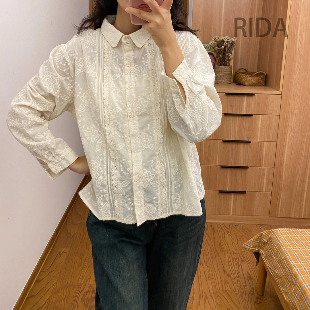 日褡  花朵刺绣衬衫I11休闲小众纯色百搭复古  313