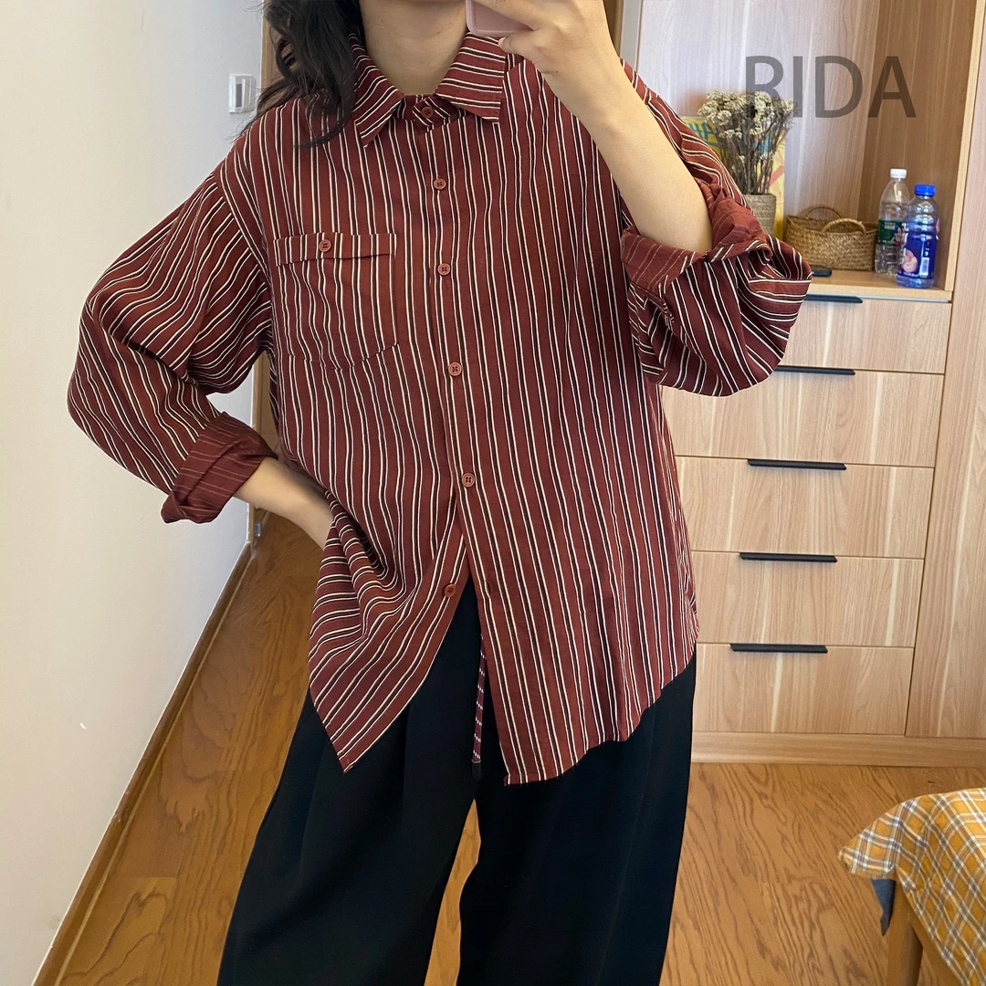 日褡条纹衬衫I7休闲小众百搭设计感复古5009清