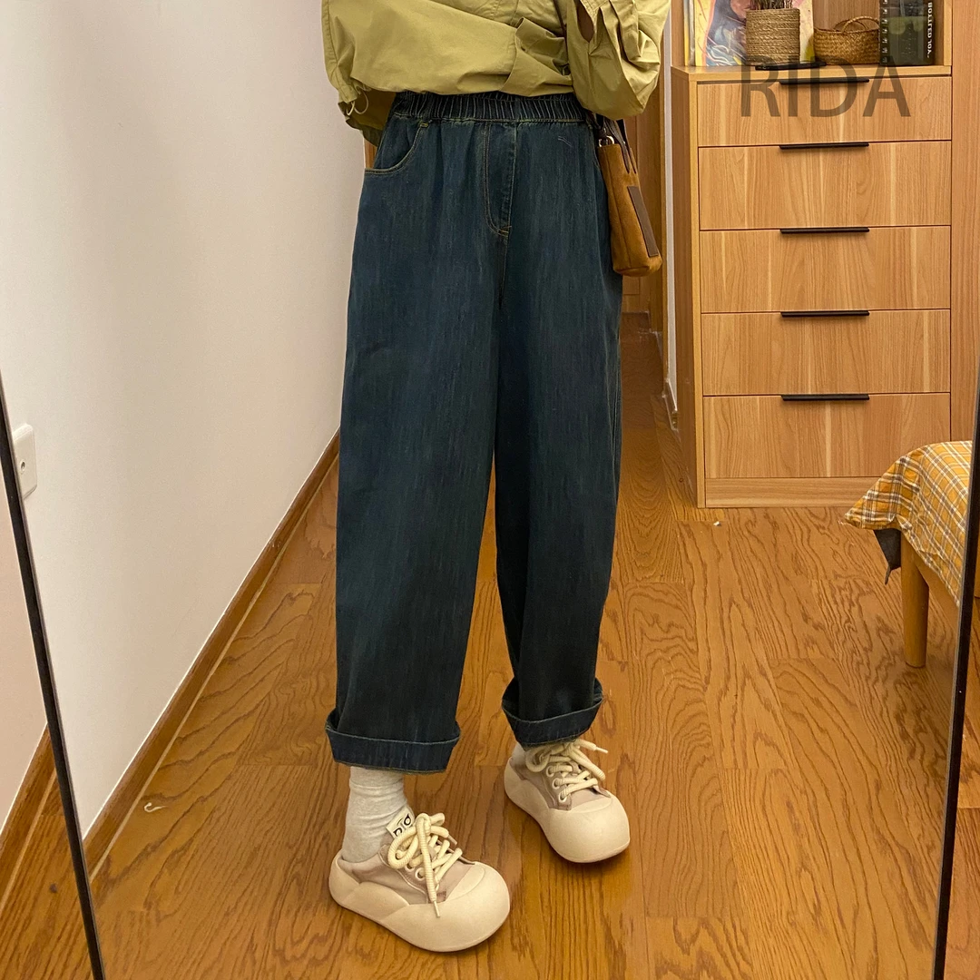 日褡全松紧腰牛仔裤I7休闲百搭小众宽松纯色复古64310清