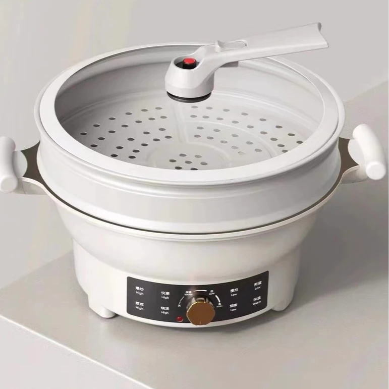 多功能白色锅身钛金内胆微压盖带蒸屉电煮锅
