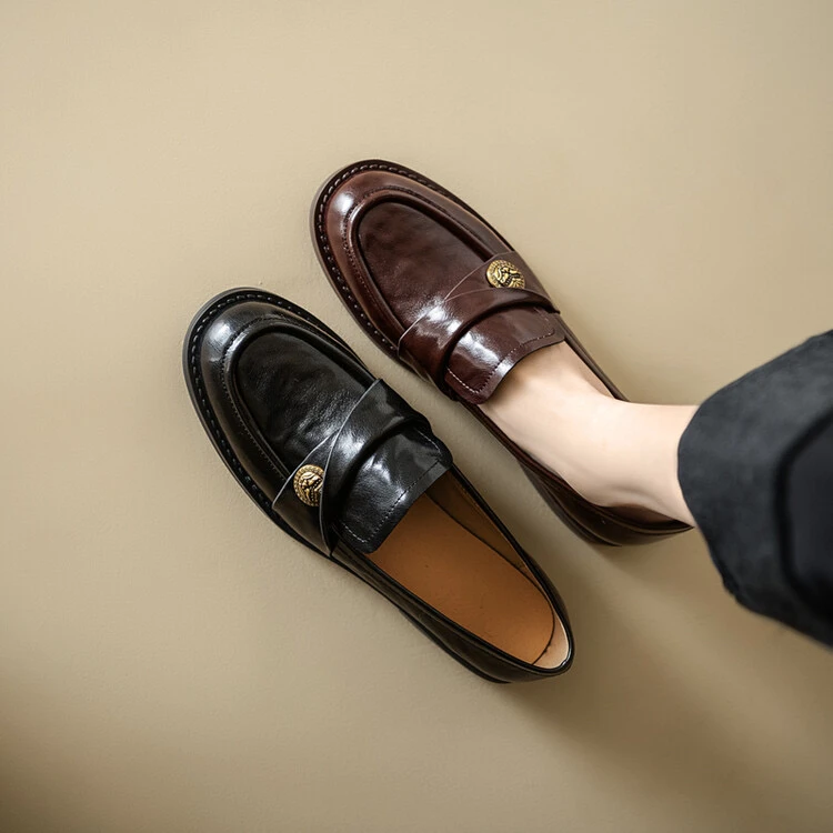 里外纯皮 羊皮2cm复古百搭乐福鞋软底单鞋2024年春季软底女士皮鞋