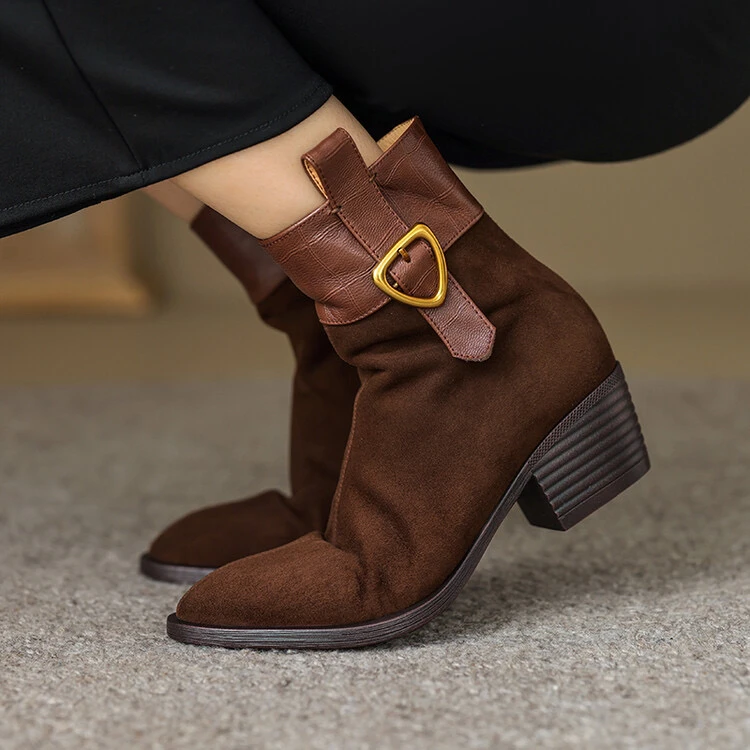 里外纯皮～羊皮5cm复古显瘦短靴中跟气质瘦瘦靴新款粗跟时装靴短筒