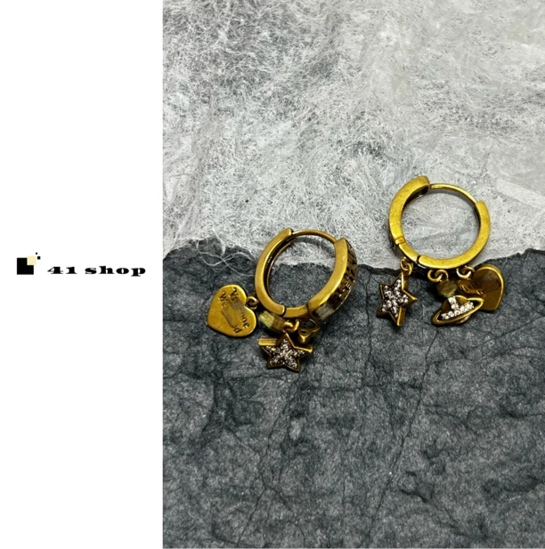 铜合金耳饰 B无编号耳饰 土土五角星爱心吊坠古金色做旧耳扣