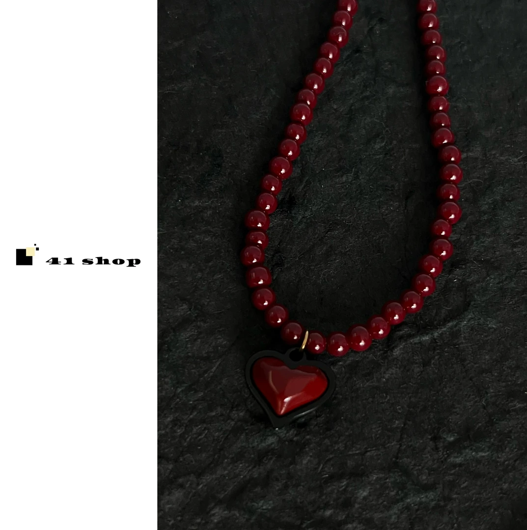 非金属仿珍珠项链 B无编号 爱心项链 黑边酒红爱吊坠双面可戴项链