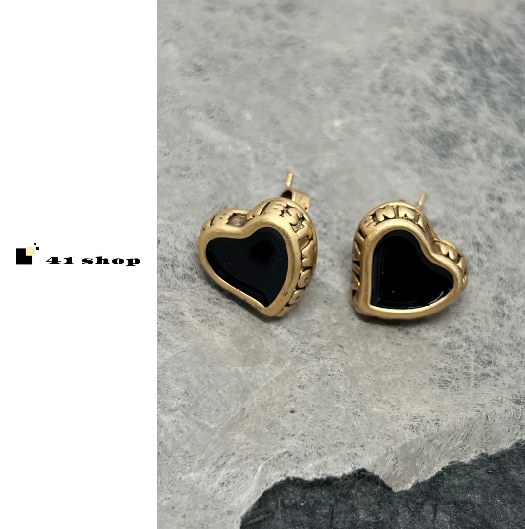 铜合金珐琅耳饰 B无编号黑釉爱心古金色耳钉