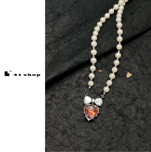 非金属仿珍珠项链 A087 mm爱心白锆蝴蝶结珠珠链