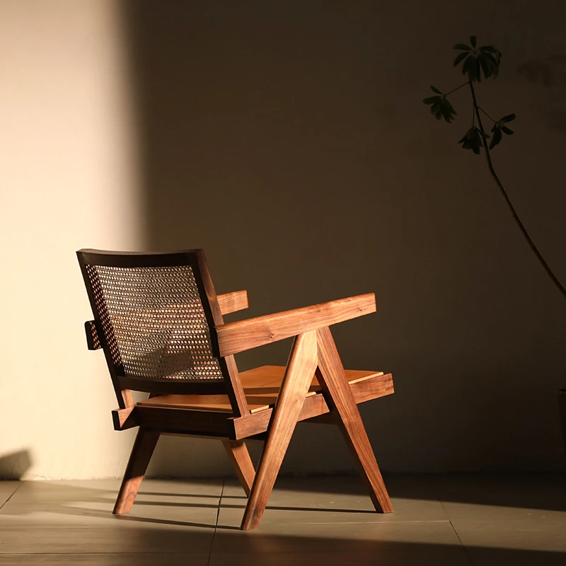 昌迪加尔椅单人沙发北欧实木藤编中古侘寂风休闲扶手设计师椅子