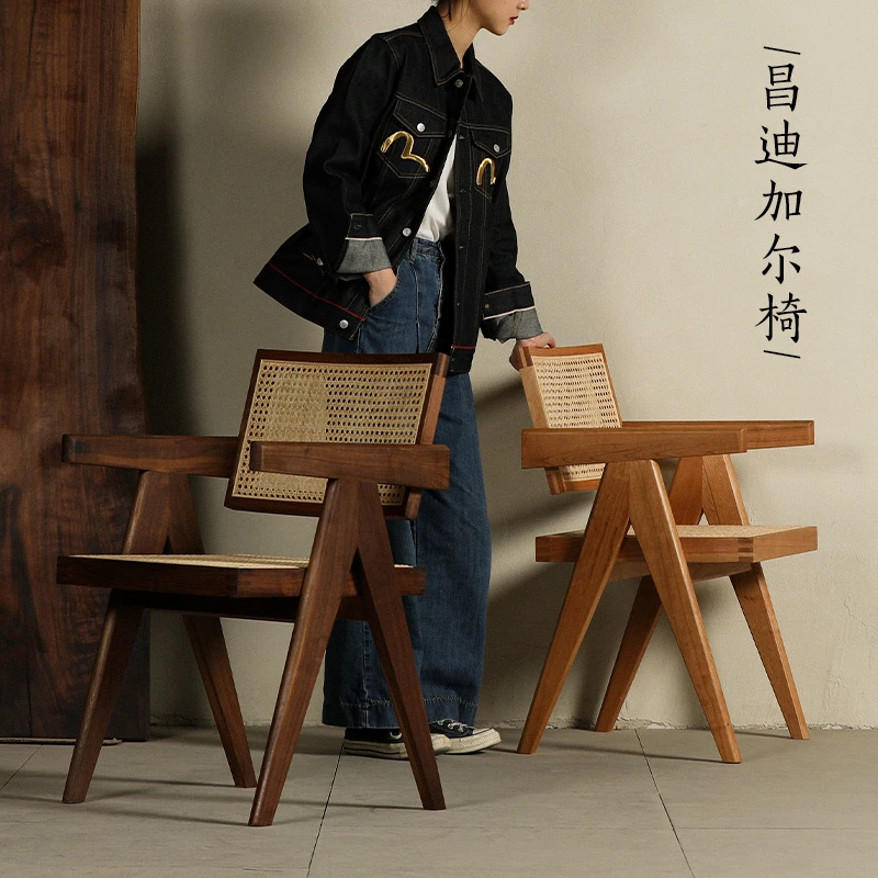 昌迪加尔椅北美黑胡桃实木藤编餐椅靠背椅侘寂风中古家用休闲椅子