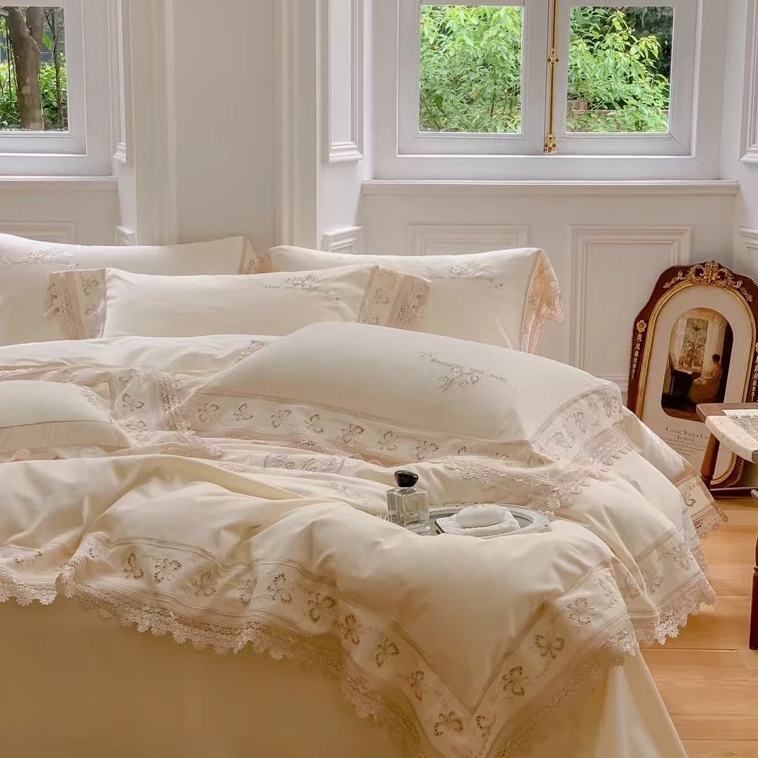 法式公主风100S长绒棉刺绣四件套少女心蕾丝纯棉磨毛高端床上用品