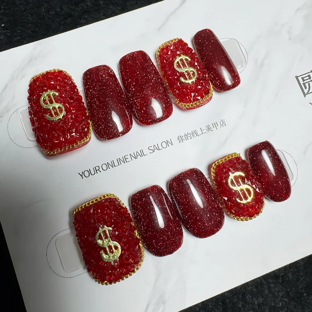 圆熙纯手工香槟色金色气质美甲奢华微钻新年红金钱链条指甲饰品