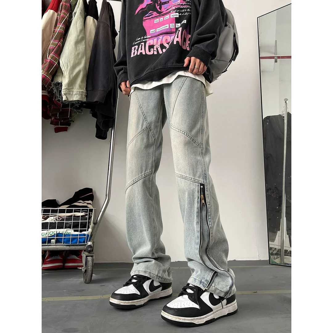 侧边拉链牛仔裤男款显腿长工装裤子美式高街vibe风弯刀微喇裤