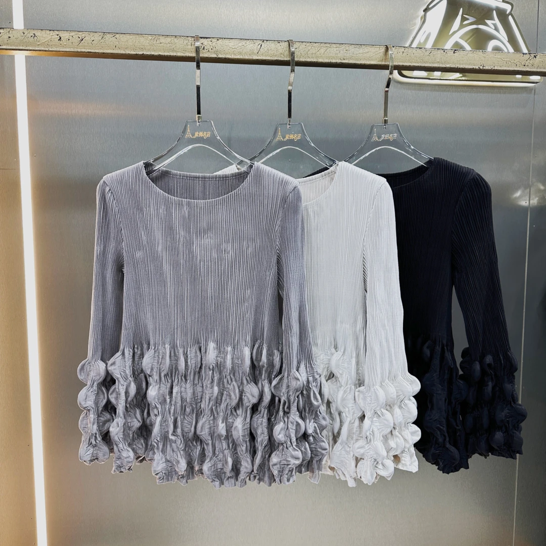 三宅褶皱2024秋季新款纯色细牙签压褶泡泡上衣洋气时尚百搭