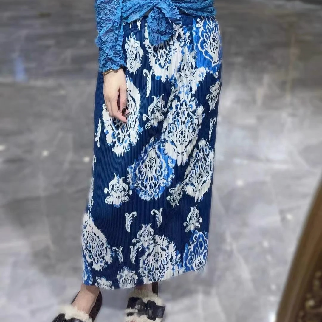 三宅褶皱2024秋季新款粗牙签褶秋冬印花半裙高级感显瘦半身裙