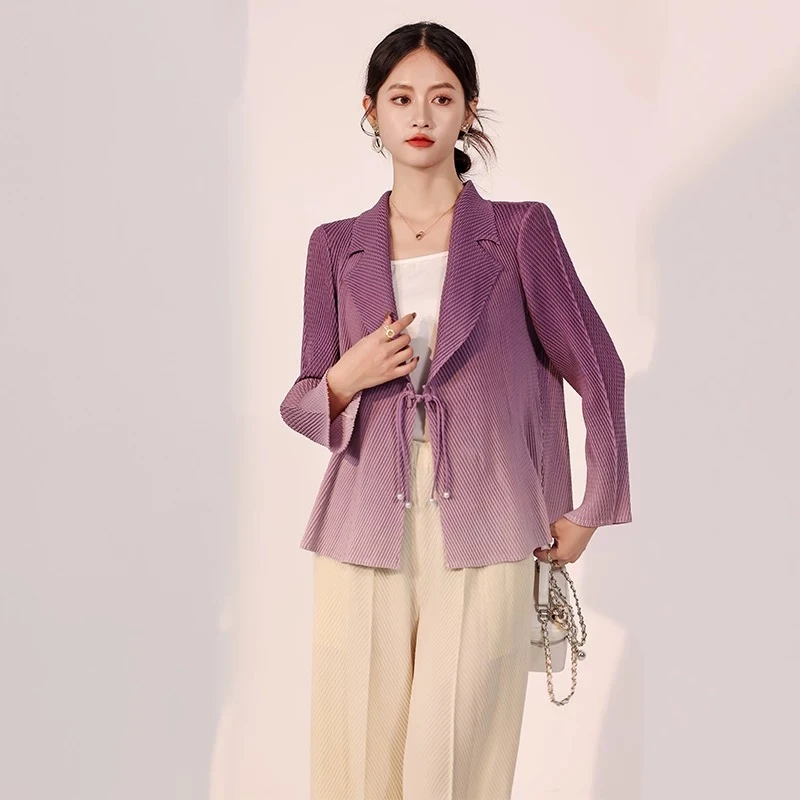 三宅褶皱2024秋季新款渐变色龙鳞褶小西装外套气质休闲百搭